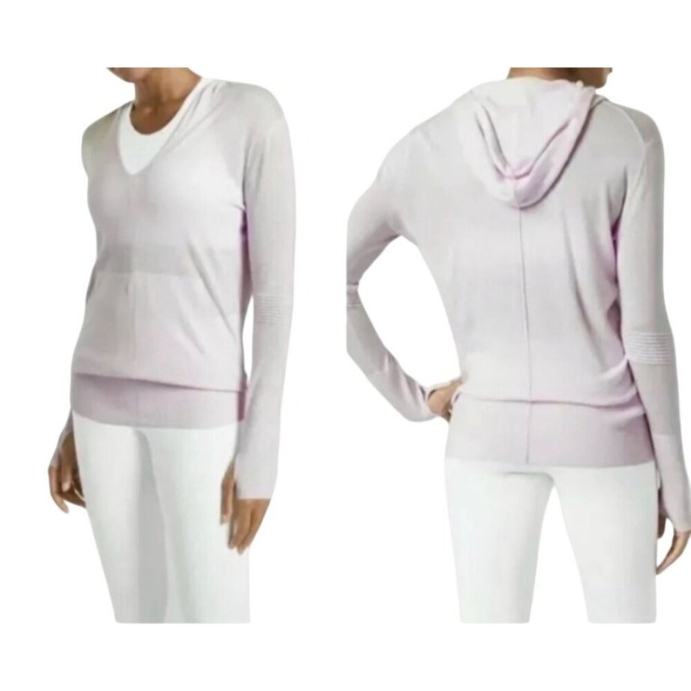 NWT Athleta Women'sSize Mediun Light Pink Hooded  Long Sleeve Top V-Neck